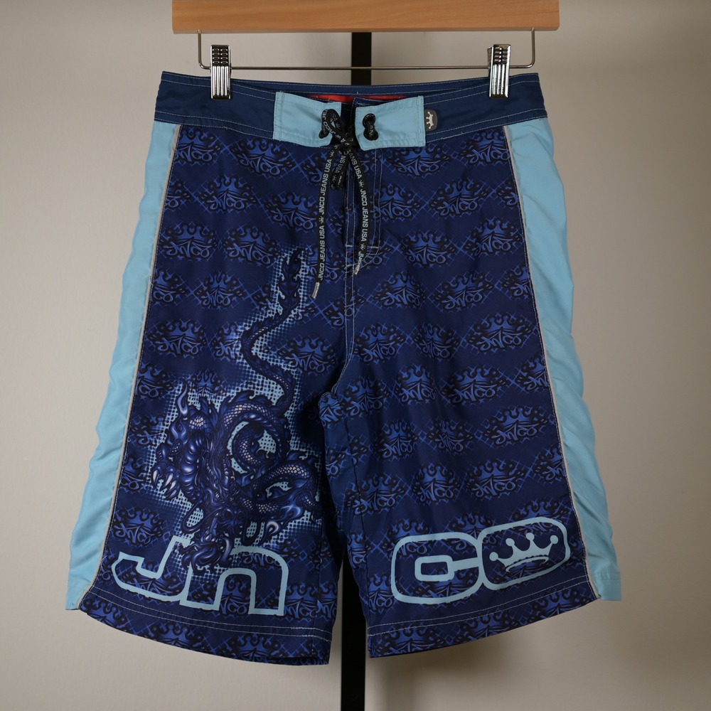 JNCO Jeans Boys Blue Dragon Board Shorts Swim Trunks Size M 10/12 Vintage Skater